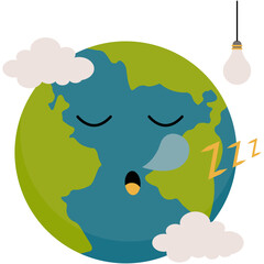 Earth Hour Illustration. Save the planet concept for Earth Hour and World Earth Day. Vector illustration of a clock on planet Earth at night with green light bulb and plant. Environmental conservation