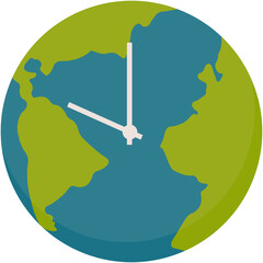 Earth Hour Illustration. Save the planet concept for Earth Hour and World Earth Day. Vector illustration of a clock on planet Earth at night with green light bulb and plant. Environmental conservation