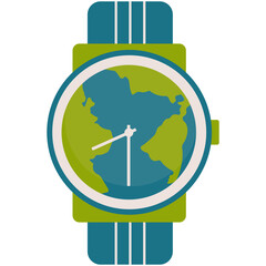 Earth Hour Illustration. Save the planet concept for Earth Hour and World Earth Day. Vector illustration of a clock on planet Earth at night with green light bulb and plant. Environmental conservation