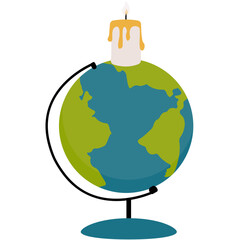 Earth Hour Illustration. Save the planet concept for Earth Hour and World Earth Day. Vector illustration of a clock on planet Earth at night with green light bulb and plant. Environmental conservation