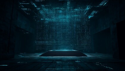 A futuristic stage with digital waterfall backdrop and steps in a dark, teal lit environment
