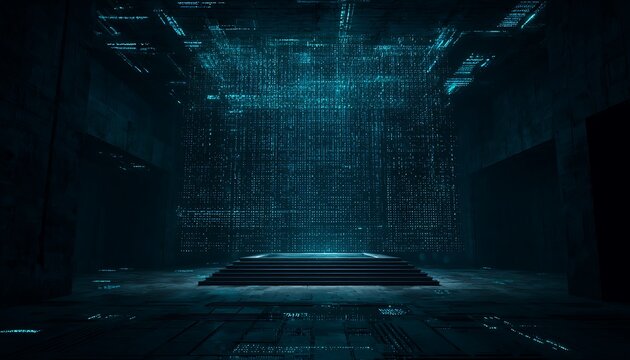 A futuristic stage with digital waterfall backdrop and steps in a dark, teal lit environment