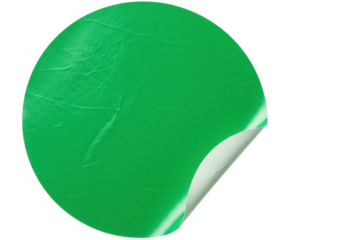 A green round sticker peeling off its backing isolated on a transparent background