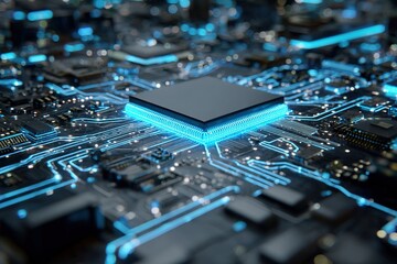 Abstract view of a futuristic digital electronic circuit glowing in blue neon lights 