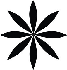 A symmetrical black eight pointed star or flower shape with pointed petals radiating from a central point on a white background