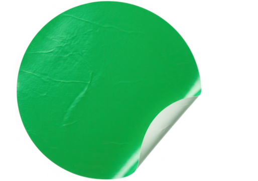 A green round sticker peeling off its backing isolated on a transparent background