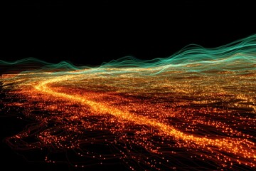 Chaotic glowing scribble lines in electric colors over dark void 