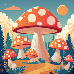 60s and 70s vibes psychedelic clipart. Retro groovy mushrooms vector. Cartoon hippie mystic forest elements. Vintage boho illustration. Abstract trippy ...