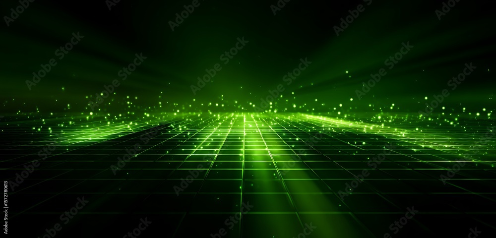 Poster a green grid with glowing particles and light beams creating an abstract digital landscape view