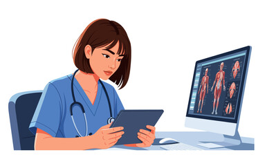 Young medical student reviewing muscle anatomy on a digital platform. Illustration for medical education topics. Medical Student Analyzes Digital Human Anatomy. Modern Clinical Training Illustration.