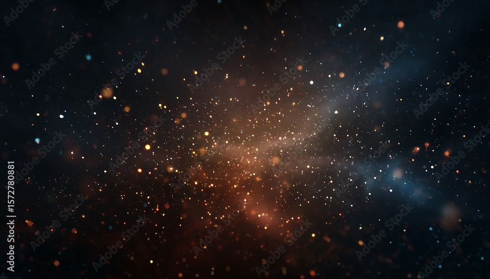 Poster a vibrant display of sparkling particles against a dark cosmic backdrop with colorful highlights