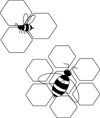 Beehive honeycomb with hexagon grid cells and bee composition. Vector graphic line illustration. Perfect for cards, decorations, stickers, logo, menu, various designs.