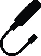 Black silhouette of a flexible hose with a connector on one end and a cylindrical object on the other isolated on white