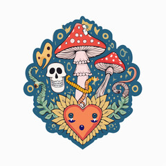 Vector set of 70s psychedelic tattoo clipart. Retro groovy graphic elements of snake, heart, skull, eye, mushrooms, potion. Cartoon hippy stickers. Vintage boho ...