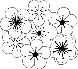 Flowers composition. Vector graphic line illustration. Black color flower shape icon collection. Perfect for cards, decorations, stickers, logo, menu, various designs.