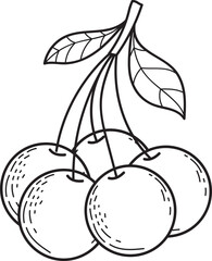 Line Art Cluster of Cherries with Detailed Leaves