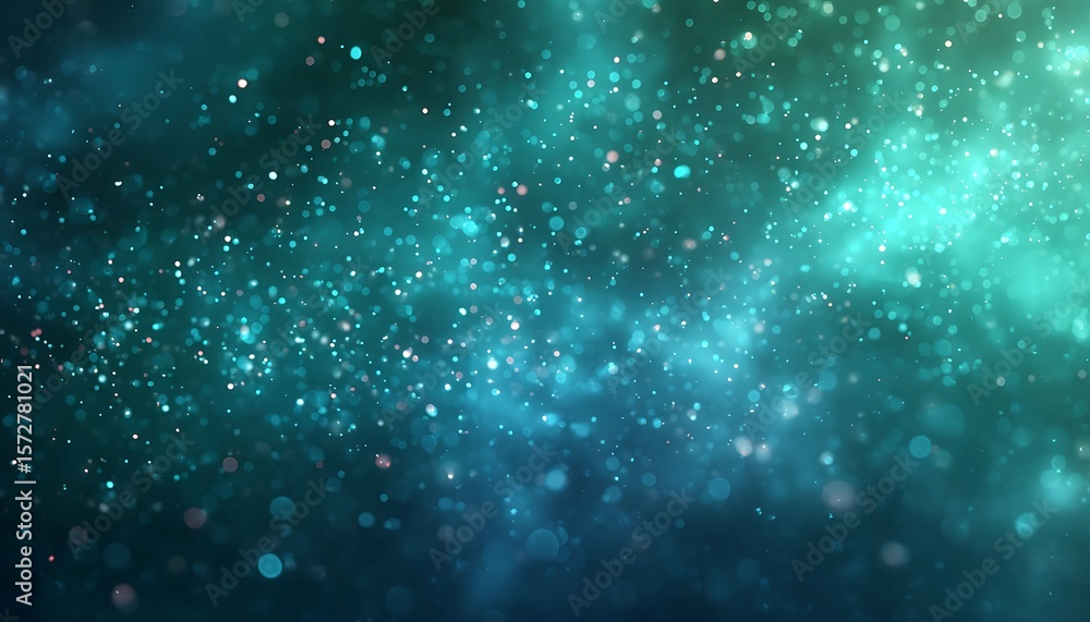 Poster a teal and blue abstract background with many small white and teal bokeh lights scattered around