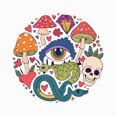 Vector set of 70s psychedelic tattoo clipart. Retro groovy graphic elements of snake, heart, skull, eye, mushrooms, potion. Cartoon hippy stickers. Vintage boho ...
