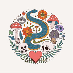 Vector set of 70s psychedelic tattoo clipart. Retro groovy graphic elements of snake, heart, skull, eye, mushrooms, potion. Cartoon hippy stickers. Vintage boho ...