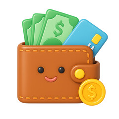 Cute wallet with money and credit card isolated on transparent background