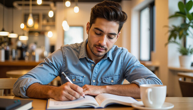 Young man studying while writing notes in cafe with coffee  