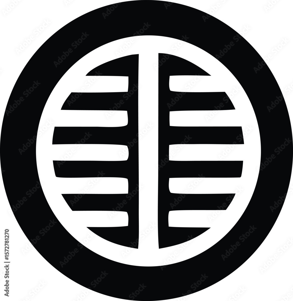 Poster a striking black and white circular emblem featuring a stylized vertical bar intersected by horizont