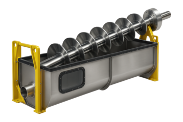 Spiral classifier with a helical screw and settling tank for dewatering and classifying mineral slurries in an ore processing plant.