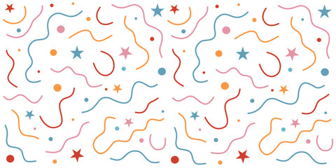 Memphis geometric seamless pattern. Multicolor abstract background in retro 80s, 90s style with various shapes: circles, semicircles, dots, zigzags, wavy lines. Cute kid doodle design.