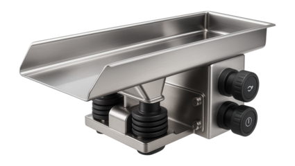 Vibratory tray feeder with adjustable amplitude for fine particle distribution in a ceramics workshop