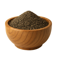 Ground black pepper in wooden bowl isolated on black background