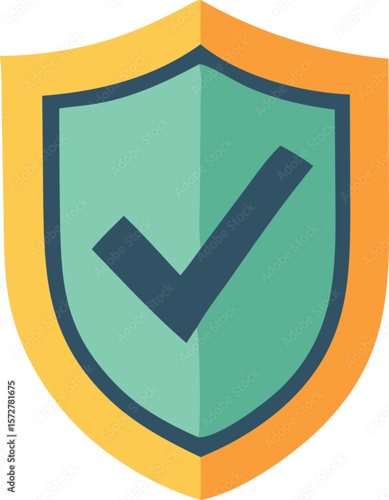 Poster a stylized shield emblem with a dark blue checkmark inside representing security protection and appr