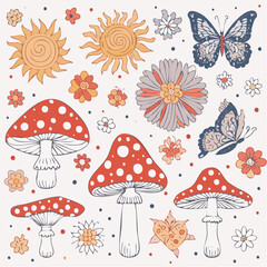 Outline vector set of 60s and 70s psychedelic clipart. Groovy mushrooms, flowers, sun, moon, butterfly in line style. Cartoon hippie silhouettes. Vintage boho illustrations. Abstract trippy ...