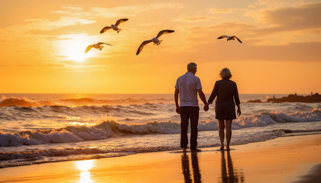Elderly couple holding hands while walking on beach at sunset  