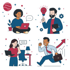 Set of flat vectors with four creative professionals working together on the white background. Digital art