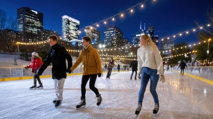 Group of people ice skating on an outdoor rink in a vibrant city at night with bright lights.