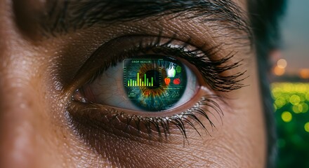 Smart Agriculture: Close-up of Eye Displaying Crop Health Data