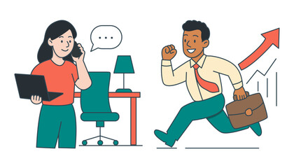 Set of flat vectors with two creative professionals working together on the white background. Digital art