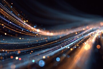 Flowing holographic light strands drifting through futuristic space 