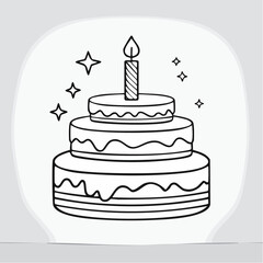 Outline doodle icon of a birthday cake with candle. Baked dessert for party and celebration. Hand drawn doodle illustration. Lineair sketch element