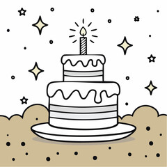 Outline doodle icon of a birthday cake with candle. Baked dessert for party and celebration. Hand drawn doodle illustration. Lineair sketch element