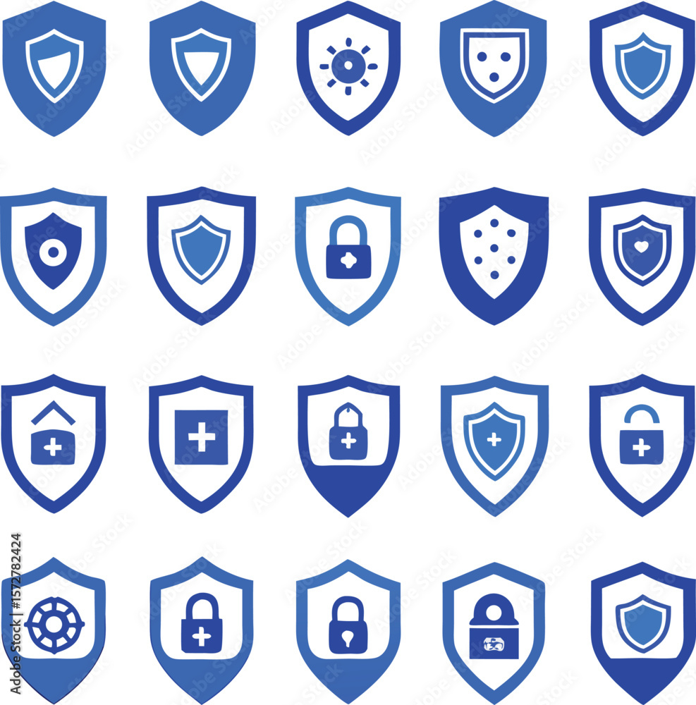 Poster collection of blue shield icons representing various security and protection concepts including lock