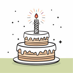 Outline doodle icon of a birthday cake with candle. Baked dessert for party and celebration. Hand drawn doodle illustration. Lineair sketch element