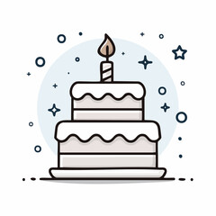 Outline doodle icon of a birthday cake with candle. Baked dessert for party and celebration. Hand drawn doodle illustration. Lineair sketch element
