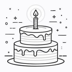 Outline doodle icon of a birthday cake with candle. Baked dessert for party and celebration. Hand drawn doodle illustration. Lineair sketch element