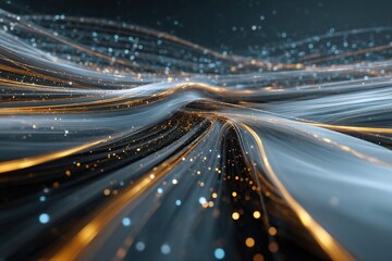 Flowing holographic light strands drifting through futuristic space 