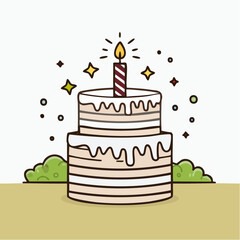 Outline doodle icon of a birthday cake with candle. Baked dessert for party and celebration. Hand drawn doodle illustration. Lineair sketch element