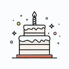 Outline doodle icon of a birthday cake with candle. Baked dessert for party and celebration. Hand drawn doodle illustration. Lineair sketch element