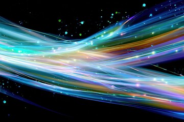 Flowing holographic light strands drifting through futuristic space