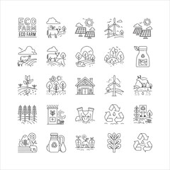 Collection of bold eco-friendly icons including renewable energy, trees, and recycling symbols.
