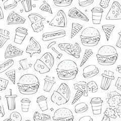 Seamless vector banner with outline fast food icons. Background with hand drawn drawings pizza, burger, hotdog, ice cream, soda, coffee. Sketch food pattern. Doodle silhouettes of takeaway ...